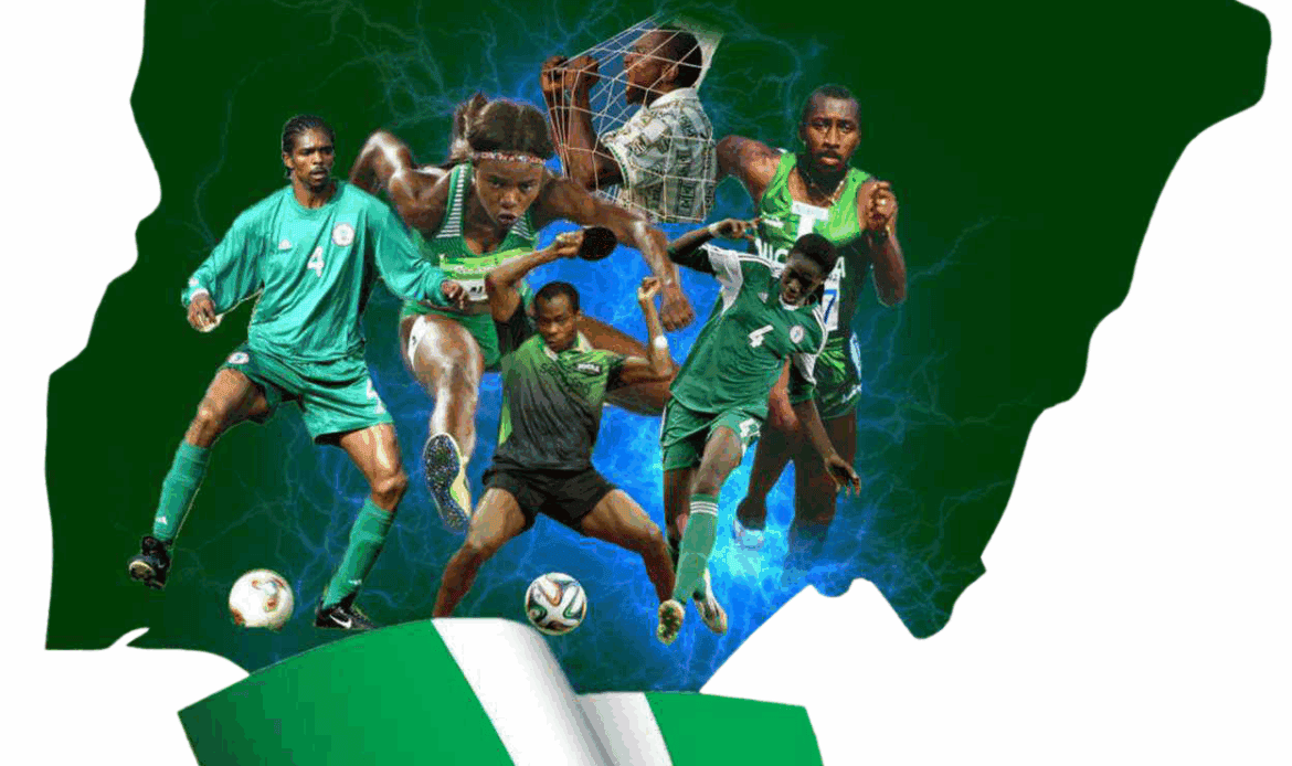 Nigeria footballers celebrating and playing soccer, representing Nigerian sports excellence and the Nigeria Hall of Fame, on a map of Nigeria with a vibrant, energetic design.